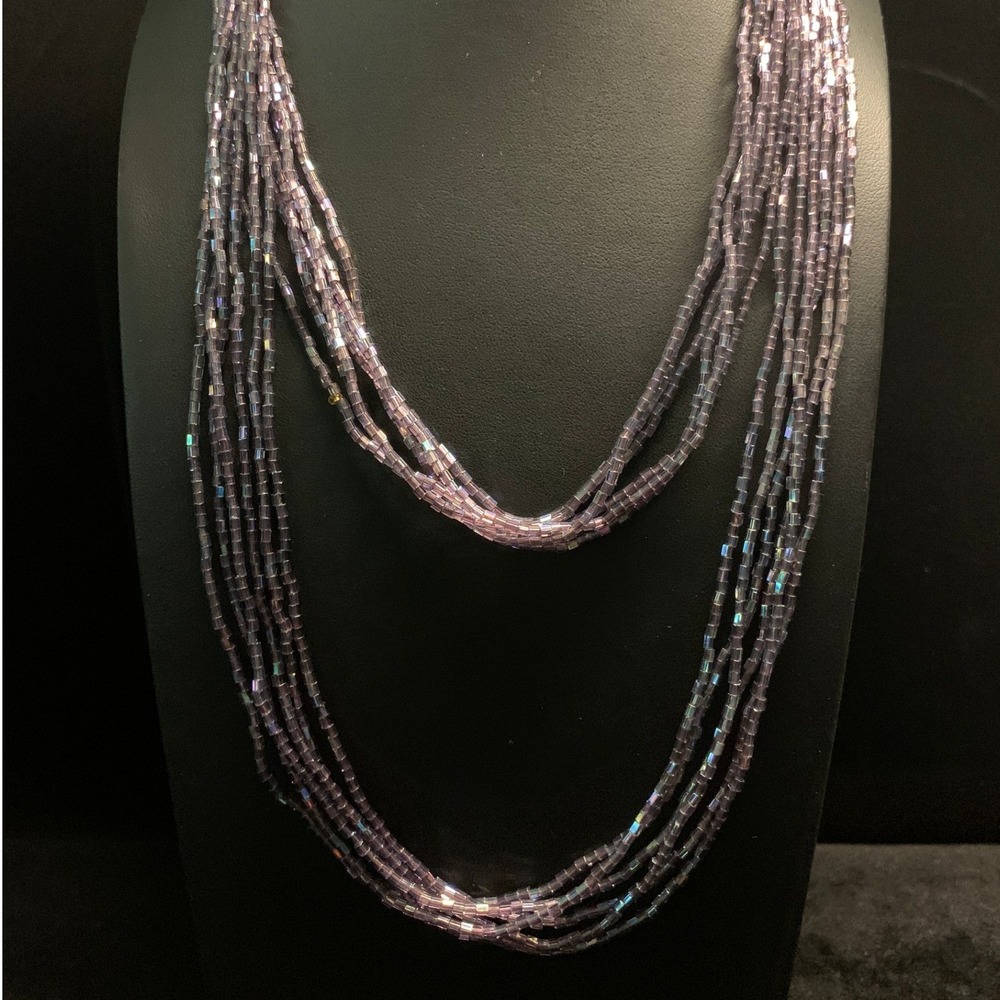 Multi Strand Iridescent Purple Bugle Seed Bead Necklace Beaded Toggle 20 Inch